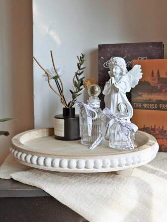 1PC Decor 12in Round Tray For Home Decor-Wood Beaded Tray- Decorative Round Tray For Living Room Decor Coffee Table Decor Kitchen Table Decor Or Farmhouse Serving Tray ﻿ Gifts For Women