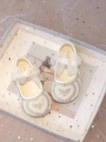 1 双春秋新款蝴蝶结珍珠水钻公主风格女童平底鞋，防滑软底幼儿宝宝婴儿平底鞋 - 杏色 - 查看 5