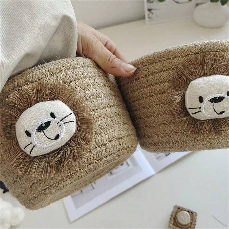 1 件装可爱狮子小篮子收纳盒编织绳圆形储物篮适用于婴儿用品幼儿园收纳篮玩具收纳篮储物箱育儿室装饰 - 米色 - 查看 1