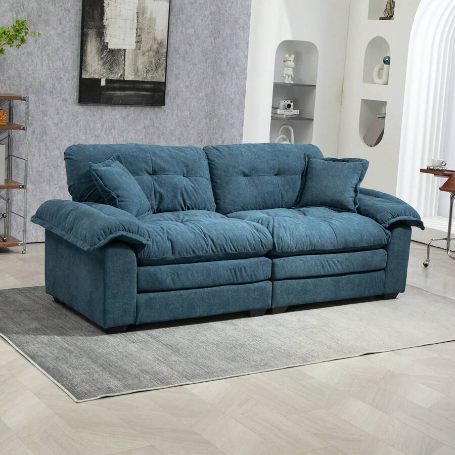 84" Chenille Sofa Small Sofa Loveseat Deep Seat Sofa Couch With 2 Throw Pillows & Memory Foam For Living Room Apartment Office Lounge - 藍色 - 查看 1