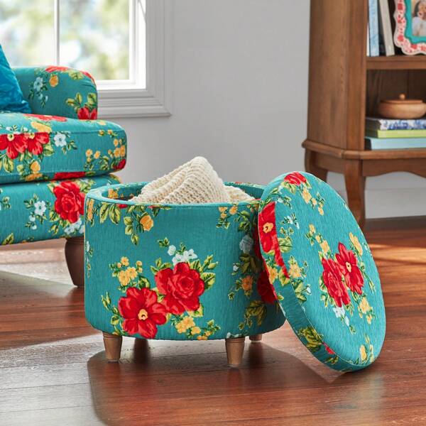 Vintage Floral Fabric Round Storage Ottoman, Teal