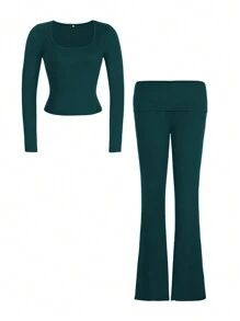 GAOVOT Women's Y2K Style Fitted Sexy Solid Color Square Neck Long Sleeve Top & Flared Pants 2-Piece Sportswear Set, Spring/Summer - 綠色 - 查看 8