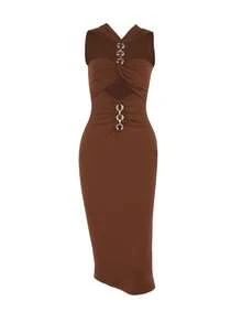 Metallisch einfarbiges, Cut Out Halfterkleid ohne Ärmel und mit freiem Rücken - Braun - Übersicht 5