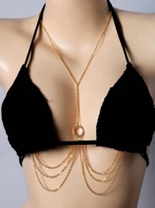 Stonefans 圆形乳头链非穿孔珠宝简约身体链水钻时尚比基尼分层胸部配饰派对