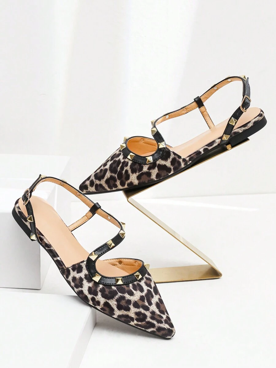 Women Leopard Pattern Flat Sandals With Toe Ring, Stud Decor, Pointed Toe, Buckle Strap