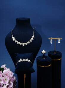 5 sztuk/zestaw Zestaw biżuterii z cyrkonii sześciennych z naszyjnikiem, kolczykami, pierścionkiem i bransoletką, nadaje się do codziennego noszenia, biura, podróży - biały król - Zobacz 11