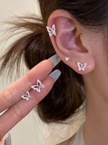 6pcs/Set Elegant Butterfly Stud Earrings Set, Minimalist Design, Small Ear Cuff Earrings For Women - Silver three-dimensional butterfly six-piece set - View 1