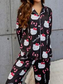 Sanrio 2pcs HELLO KITTY Women's Printed Button-Front Long Sleeve Pajama Top And Elastic Waist Long Pants Sleepwear Set, Fall Clothes