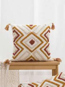 1pc/2pcs Geometric Rhombus Pattern Throw Pillow Case, Canvas & Chenille Material With Tassels, Bohemian And Modern Style For Bedroom, Living Room, Sofa, Car, All Season Use, 30*50cm, 45*45cm