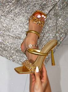 Women's Fashion Square Toe Gold Rhinestone Decor Transparent Glamorous Party High Heel Sandals, Suitable For Outdoor Wearing