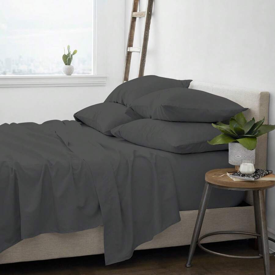6-Piece Ultra Soft Cooling Bamboo Bed Sheet Set With Deep Pockets - 深灰色 - 查看 1