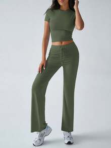 GAOVOT Women's Y2K Style Summer Sports Casual Set, Including Solid Color Crew Neck Short Sleeve T-Shirt And Slim Straight Leg Pants - Army Green - View 4