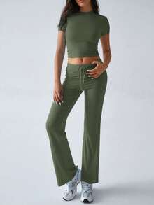 GAOVOT Women's Y2K Style Summer Sports Casual Set, Including Solid Color Crew Neck Short Sleeve T-Shirt And Slim Straight Leg Pants - Army Green - View 6