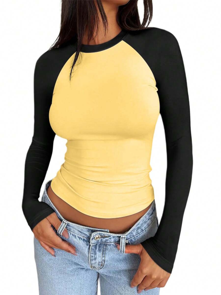 Beauace Womens Slim Fit Tops Casual Contrast Color Raglan Long Sleeve Basic T Shirt Blouses For Club Streetwear Aesthetic Clothes - Yellow - View 1