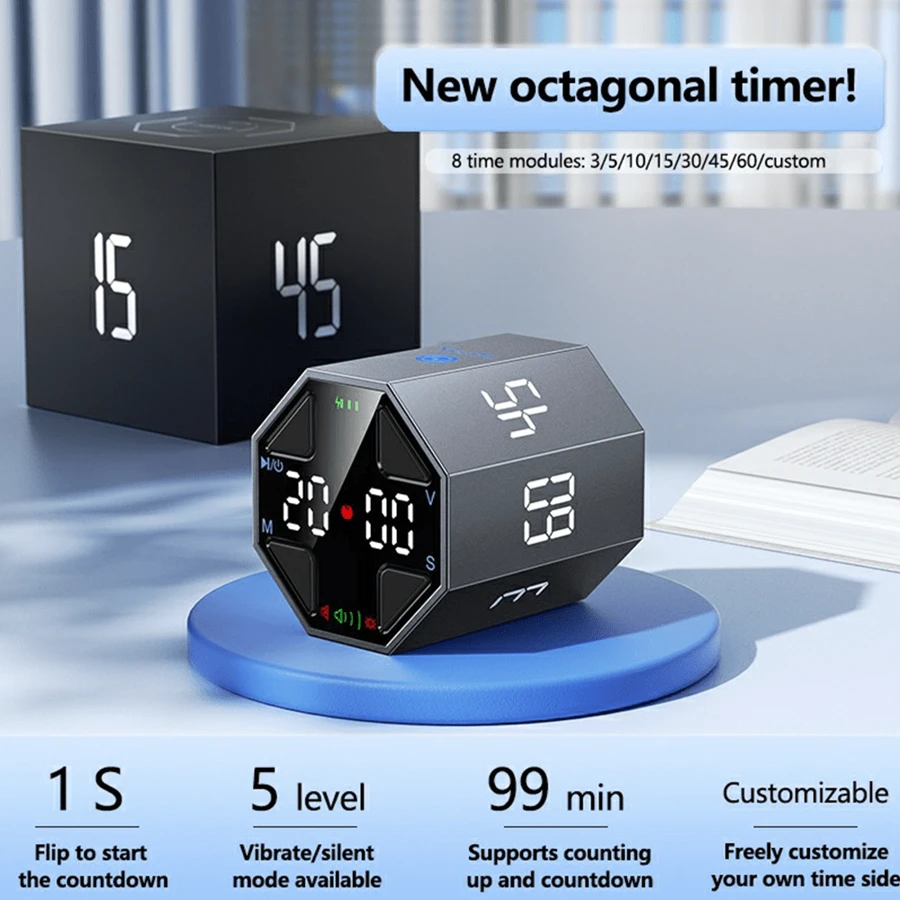 Đồng hồ hẹn giờ Pomodoro Llano Ticktime Octagon, Đồng hồ hẹn giờ khối năng suất để bàn, Đồng hồ hẹn giờ ADHD, Pomodoro tùy chỉnh, Tạm dừng & Tiếp tục, Tắt tiếng, Rung & Cảnh báo âm thanh có thể điều chỉnh, 3/5/10/15/30/45/60 M/Xám đậm - Màu xám đen - Xem 1