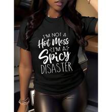 Women's English Short Sentences T-Shirt - Long Sleeve Round Neck Medium Stretch Tee With Christmas Slogan Print For Festive Holiday Wear - màu đen - Xem 1