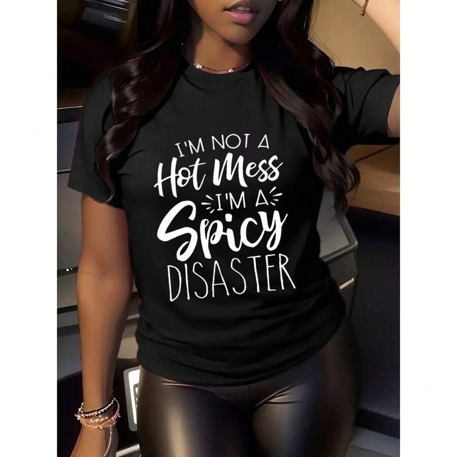 Women's English Short Sentences T-Shirt - Long Sleeve Round Neck Medium Stretch Tee With Christmas Slogan Print For Festive Holiday Wear - màu đen - Xem 1