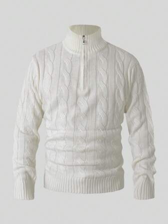 Men's White Half Zip Collar Drawstring Jacquard Casual College Style Pullover Sweater, Long Sleeve Top