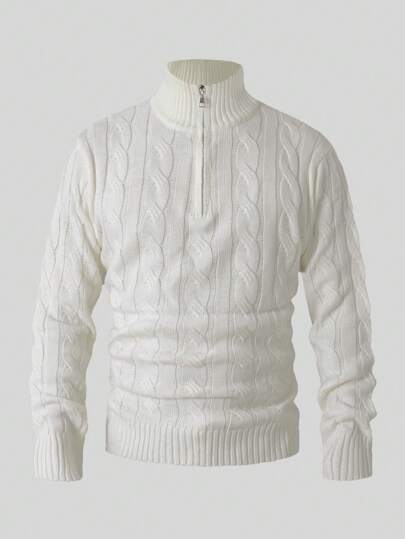 Suéter de cuello redondo, manga larga, de punto acanalado, con cremallera media y cordón, de estilo minimalista vintage, estilo universitario, viento británico, color blanco beige, para usar en capas en Año Nuevo, San Valentín, reuniones, primavera, otoño e invierno, para hombres