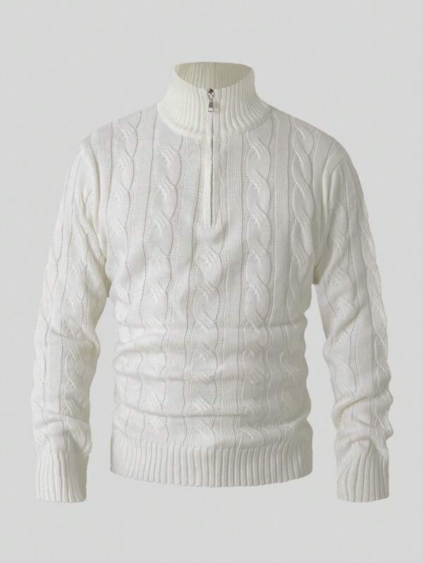 White Men's Half Zip Collar Drawstring Jacquard Casual College Style Pullover Sweater