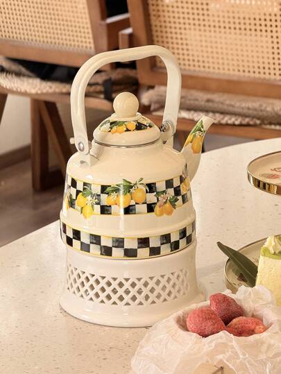 1 set, horloge vintage émaillée à motif de citron à carreaux et théière en forme de poire, théière pour le thé de l'après-midi à la maison, bouilloire portable pour le camping en plein air, bouilloire multifonctionnelle pour cuisinière à gaz/électrique, cadeau parfait pour les aînés, la famille et les amis