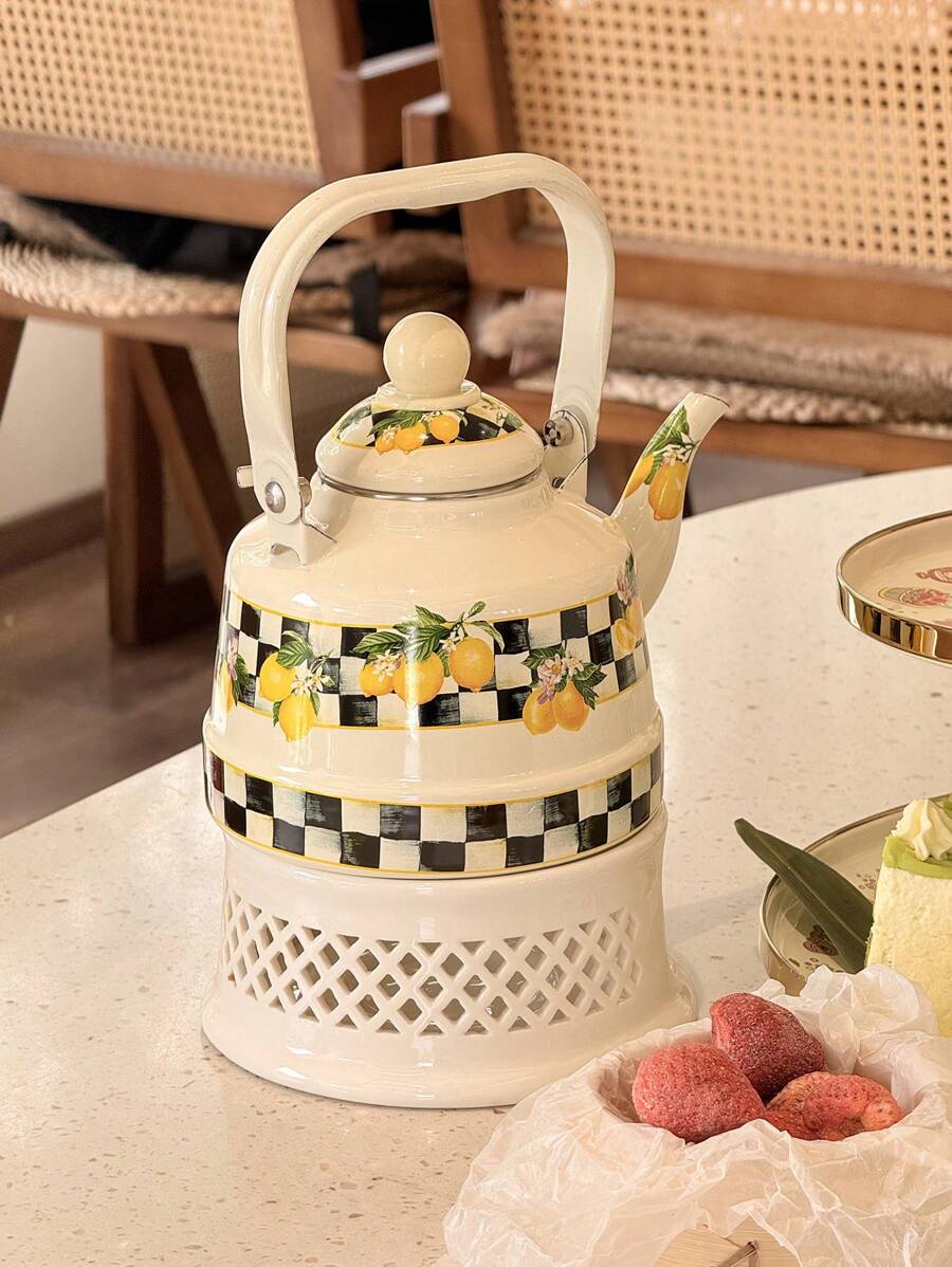 1 套，格纹柠檬花珐琅复古钟和梨形茶壶，家用下午茶壶，户外露营便携式水壶，多功能厨房燃气/电炉加热水壶，送给长辈、亲戚和朋友的绝佳礼物 - 方格檸檬花 - 查看 1