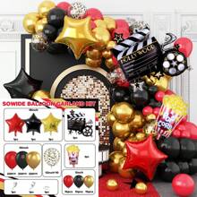 123pcs Movie Night Balloon Garland Arch Set, Red Black Gold Balloons With Camera Clipboard Star Popcorn Aluminum Film Balloons, Happy Birthday Party Background Banner Has A Variety Of Sizes For You To Choose Separately, Perfect For Birthday Parties, Anniversaries, Movie Theme Party Decorations Supplies (Ps: Balloons And Background Cloth Are Sold Separately!)