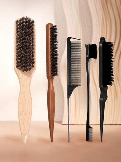 5件套木质蓬松梳，蓬松梳，造型梳套装，带尖尾梳，用于头发分区、边缘控制、倒梳、抚平毛躁和造型，打造细软发质的蓬松感，边缘梳，用于梳理边缘和倒梳头发，发梳，梳子，后梳，造型梳，卷发梳，边缘梳，梳子，梳子套装，梳子，卷发梳，解结梳，女士发梳，头发，旅行，美发产品，美发工具，美发用品，理发师，理发师配件，理发店，美发设备