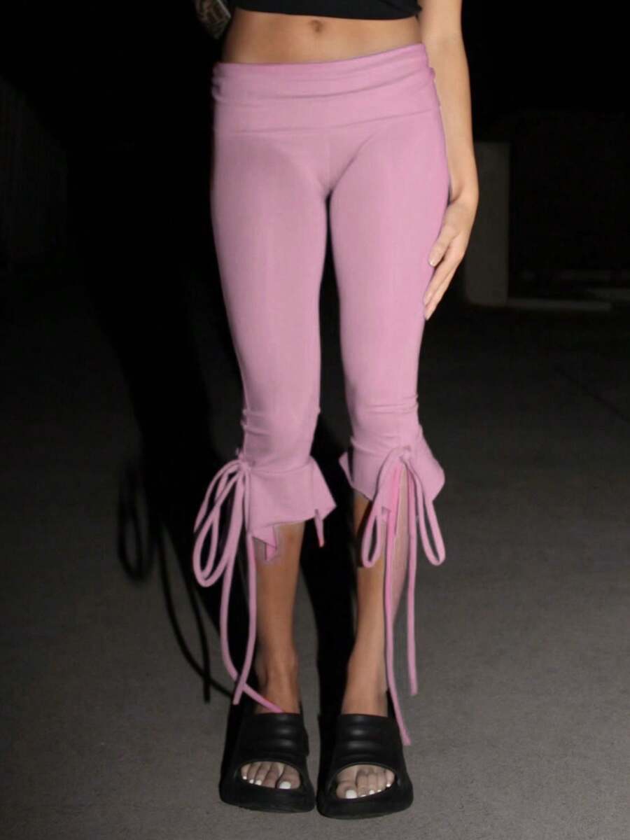 Women Capri Pants Solid Color Elastic Waist Tie-Up Summer Casual Cropped Pants Stretch Crop Leggings - Pink - View 1