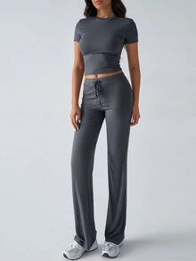 GAOVOT Women's Y2K Style Summer Sports Casual Set, Including Solid Color Crew Neck Short Sleeve T-Shirt And Slim Straight Leg Pants - Dark Grey - View 7
