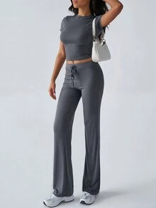 GAOVOT Women's Y2K Style Summer Sports Casual Set, Including Solid Color Crew Neck Short Sleeve T-Shirt And Slim Straight Leg Pants - Dark Grey - View 6