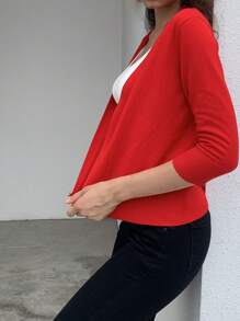 AAmilife Áo len cardigan dệt kim màu trơn tay 3/4 hở phía trước - Đỏ - Xem 3