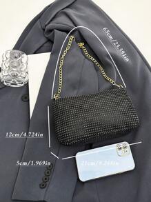 闪亮水钻链条肩带单肩包，时尚拉链手拿包，优质腋下包 - 黑色 - 查看 9
