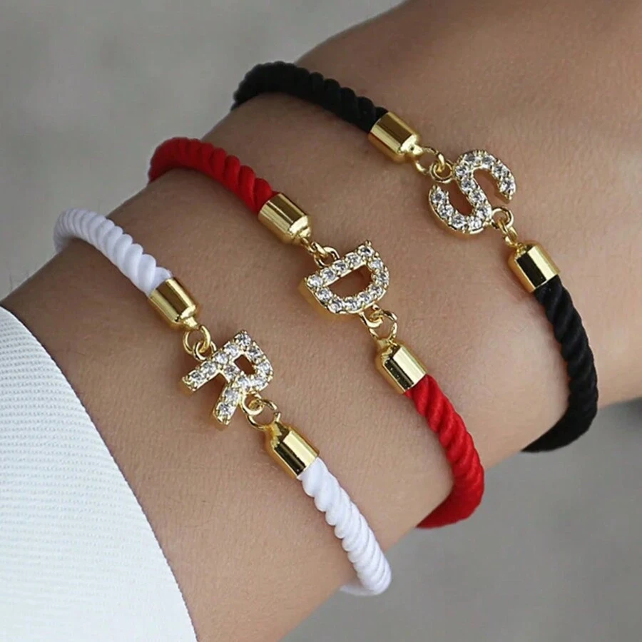 Fashionable Heart Letter Pendant Bracelet, Women's Adjustable Braided Rope Bracelet With Rhinestone A-Z, Women's Jewelry Gift - Bracelet - View 1