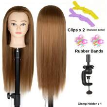 Đầu tập 24 inch, Đầu ma-nơ-canh tạo kiểu tóc tổng hợp 100%, Đầu làm tóc để tết tóc kèm kẹp bàn và bộ DIY - màu nâu - Xem 1