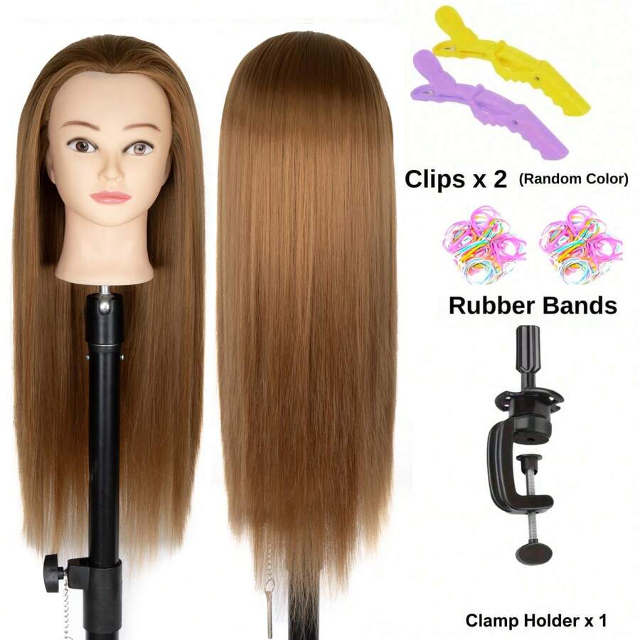 Đầu tập 24 inch, Đầu ma-nơ-canh tạo kiểu tóc tổng hợp 100%, Đầu làm tóc để tết tóc kèm kẹp bàn và bộ DIY - màu nâu - Xem 1