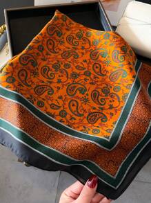 1 pieza Pañuelo cuadrado de mujer de primavera y verano con estampado de anacardo, imitación de seda de 70 cm, pañuelo cuadrado pequeño, pañuelo para el cuello, pañuelo profesional, cálido, adecuado para uso diario, playa, vacaciones, esencial de viaje - naranja - Ver 2