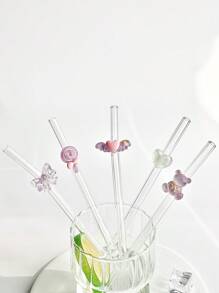 1/2件/1組可愛紫色耐熱彎曲可重複使用玻璃吸管，附蝴蝶棒棒糖愛心熊吊飾，適用冷飲、奶茶、咖啡、果汁、奶昔，咖啡廳夏季派對禮物，送給家人、朋友、情侶 - 款式1 - 查看 5