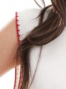 Womens Stylish Ribbed Knit Sweater Vests Cherry Lobster Contrast Hues Sleeveless Crew Neck Slim-Fitting Tank Tops