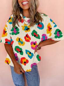 CILKOO Casual Leopard Print Dropped Shoulder Loose Fit Round Neck T-Shirt, Apricot Color - Apricot - View 5