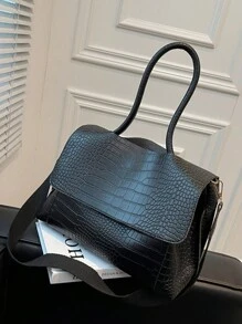 复古大容量多层鳄鱼压纹翻盖手提包，可调节肩带单肩斜挎包休闲户外旅行手提包，女士百搭通勤包，秋季，女士引人注目的工作包 - 黑色 - 查看 4