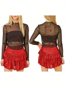 Women's Spring Slim Mesh Tops Long Sleeve Round Neck Heart/Lip/Bow Print  Blouse - Black - View 2