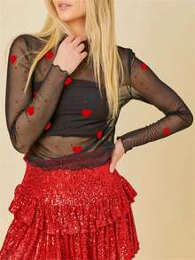 Women's Spring Slim Mesh Tops Long Sleeve Round Neck Heart/Lip/Bow Print  Blouse - Black - View 6
