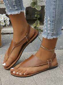 欧码 35-43 超大码女式夏季户外时尚人字拖凉鞋，软底日常海滩一脚蹬铁锈棕色平底凉鞋 - 鏽棕色 - 查看 5