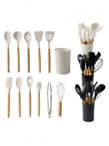 Bộ 12 món dụng cụ nấu ăn chất lượng cao cán gỗ, cán silicon, kèm hộp đựng, bền và dễ vệ sinh, chịu nhiệt, bộ thìa, muỗng, dụng cụ nhà bếp thiết thực, hộp quà tặng. - Nhiều màu - Xem 2