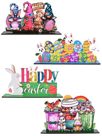 1pc Cute Easter Bunny Wooden Tabletop Ornament, Easter Egg Cup Rabbit Designs, Easter Splicing Wooden Sign, Windowsill Bookshelves Countertop Decor, Easter Ornament For Classrooms, Offices, Bedroom, Easter Party Decoration Easter Gift