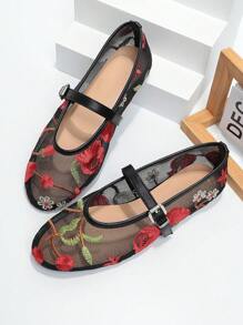 Women's Summer Mesh Embroidery Flower Pattern Fashion Mary Jane Flat Shoes, Breathable Hollow Out Outdoor Sandals Valentines - Black - View 2