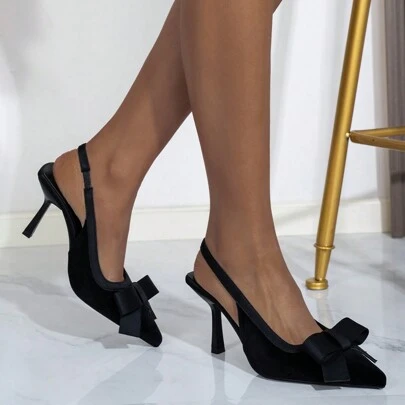 女士黑色天鹅绒蝴蝶结后带高跟尖头鞋，时尚晚宴派对礼服鞋，情人节款