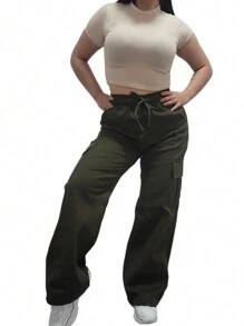 Women's Cargo Pants With Elastic - Olive Green - View 5