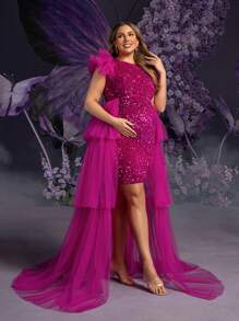 Faeriesty Dressalisa Plus Maternity Mesh Overlay Sequin Formal Party Dress - Hot Pink - View 5